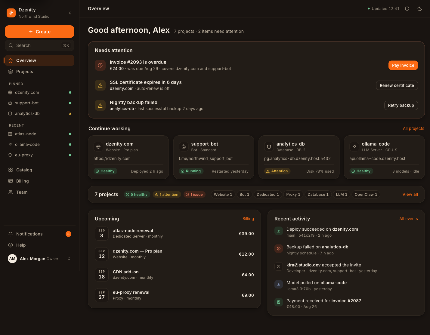 The same Overview page in dark theme