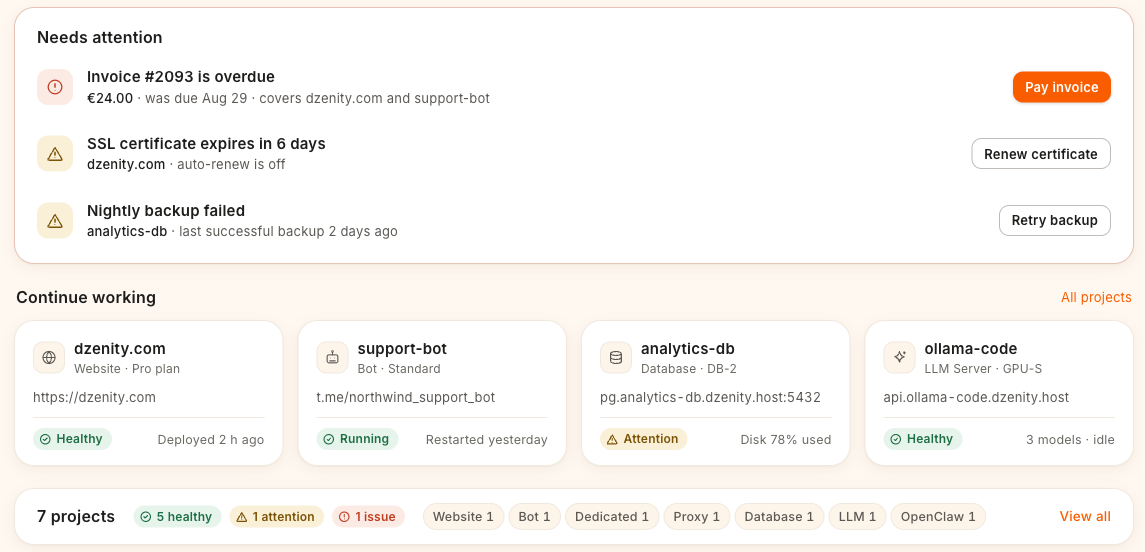 Needs-attention list and project cards with health statuses in the Dzenity panel